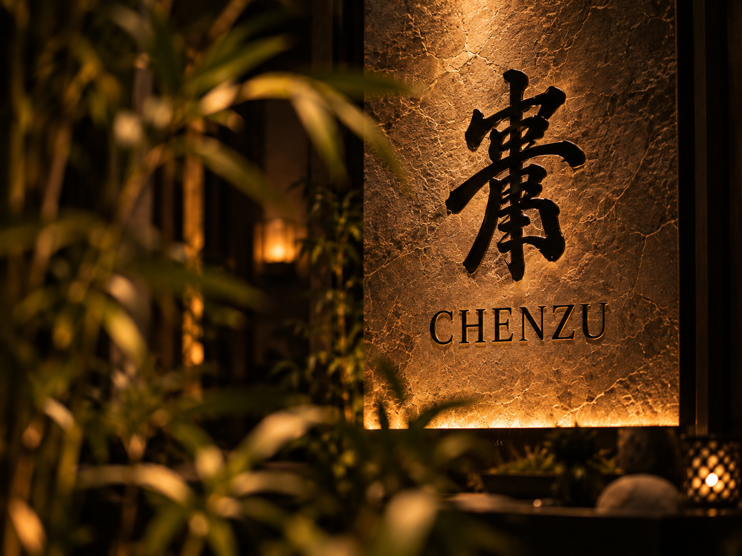 Mur et logo Chenzu, lumière ambrée et végétation au premier plan.