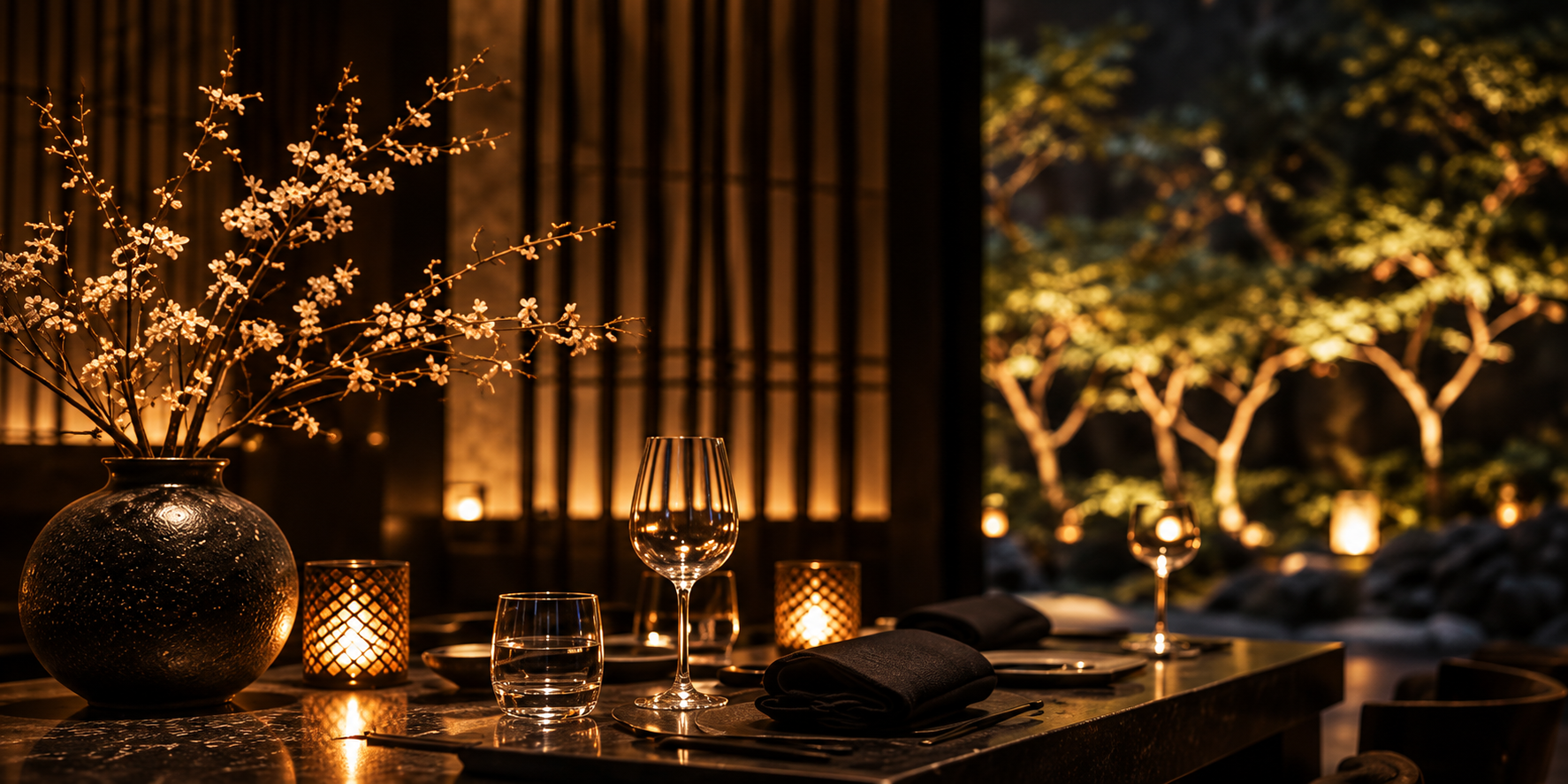 Table Chenzu dressée, fleurs de cerisier et jardin éclairé