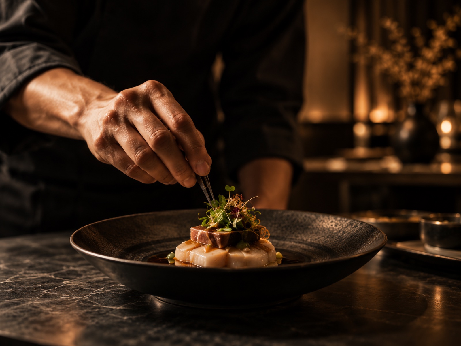 Le chef Chenzu en train de dresser une assiette à la pince, herbes fraîches en finition