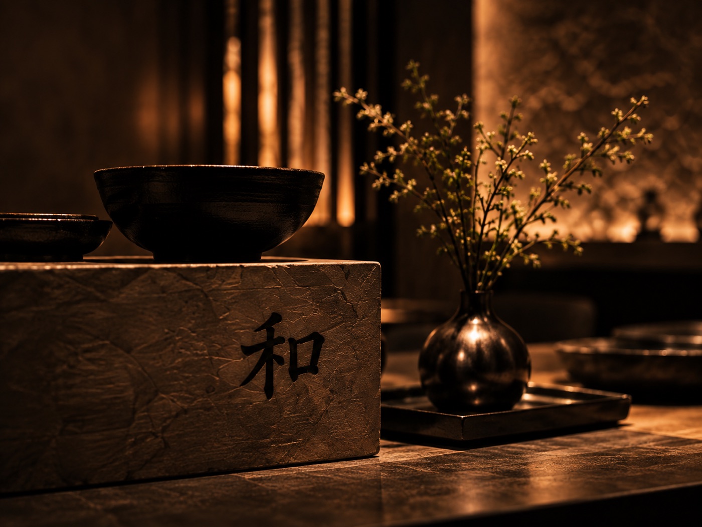 Nature morte japonaise — bols en céramique, socle gravé du kanji 和 (harmonie) et branches en vase