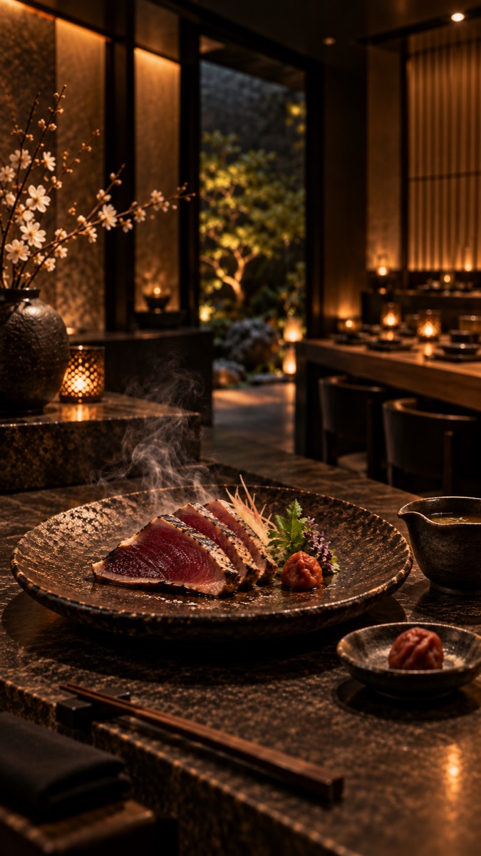 Bonite fumée, umeboshi, shiso — plat en céramique brute