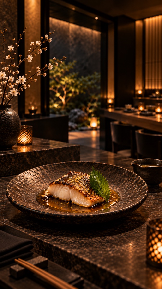 Turbot au beurre noisette, yuzu, shiso — plat en céramique brute