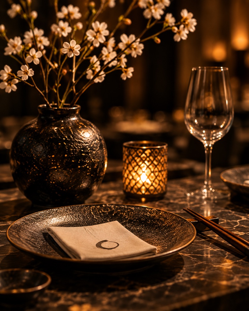 Détail de table — vase de cerisiers, bougie, verre à pied et assiette sur marbre