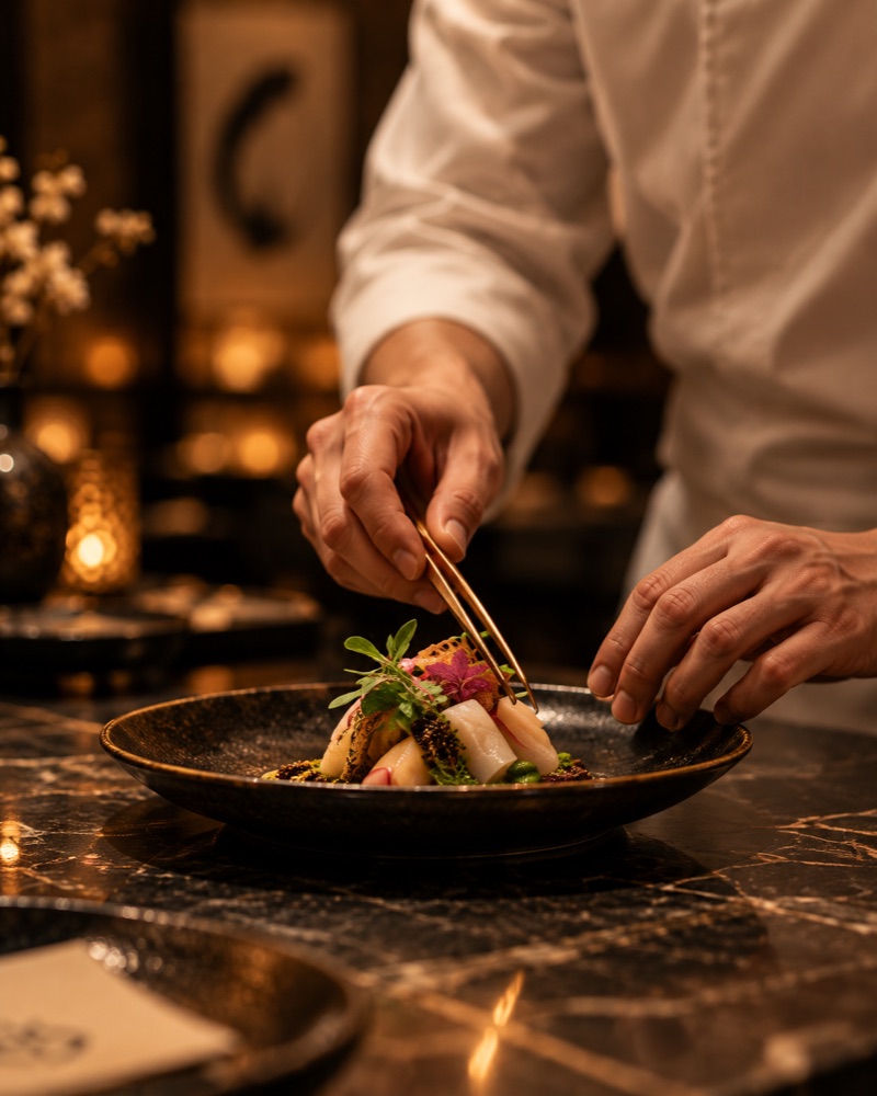 Chef Chenzu en veste blanche dressant une assiette à la pince